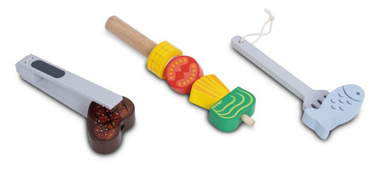 Napoleon Rogue 425 Kids BBQ wooden playset with burners, skewer, and accessories for children aged 3 and up