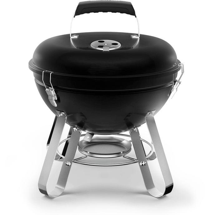 Napoleon Legend 14-Inch Charcoal Portable Kettle Grill with porcelain-enameled lid and chrome-plated cooking grid