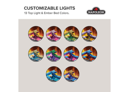 Napoleon Luminex 65 infographic displaying customizable top lighting and ember bed color combinations
