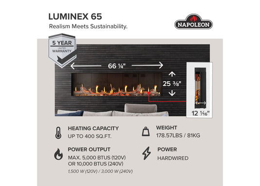 Napoleon Luminex 65 NEFL65LCD-3SV specifications showing dimensions, weight, electrical requirements, and heating output