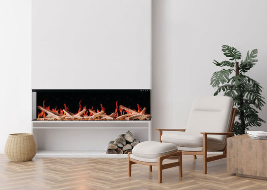 Napoleon Luminex 65 LCD electric fireplace recessed into a contemporary living room feature wall