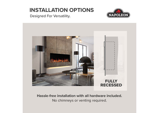 Napoleon Luminex 65 installation infographic showing a fully recessed fireplace integrated into a living room wall