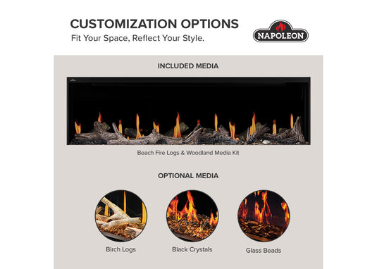 Napoleon Luminex 65 decorative media infographic showing included beach fire logs and optional birch logs, black crystals, and glass beads