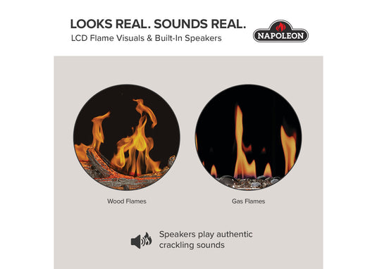 Napoleon Luminex 65 LCD flame infographic comparing wood-style and gas-style flames with built-in crackling sound
