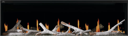 Napoleon Luminex 65 NEFL65LCD-3SV electric fireplace with orange gas-style LCD flames, white birch-style logs, and decorative media