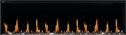 Front view of Napoleon Luminex 65 electric fireplace displaying orange gas-style LCD flames above woodland media