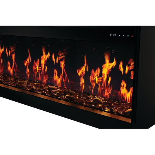 Close-up of Napoleon Luminex 65 LCD fireplace showing realistic orange wood-style flames and glowing media