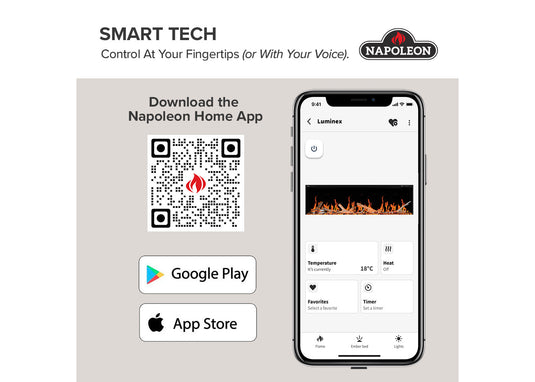 Napoleon Luminex 65 smart control infographic featuring the Napoleon Home app and smartphone interface