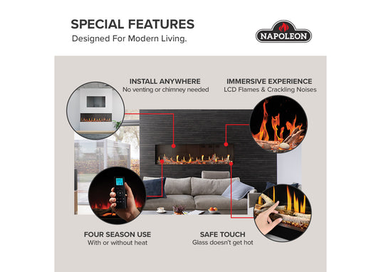 Napoleon Luminex 65 infographic showing recessed installation, LCD flames, remote control, and front glass
