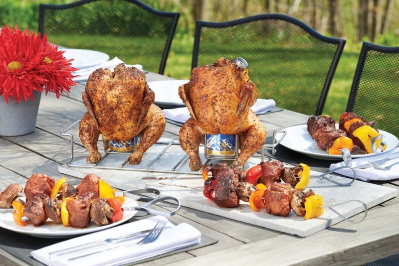 Load image into Gallery viewer, Napoleon Meat Lover’s Starter Kit with stainless steel rib rack, double beer can chicken roaster, skewers, and button thermometers for grilling
