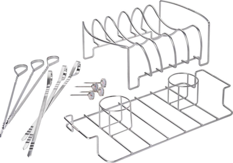 Load image into Gallery viewer, Napoleon Meat Lover’s Starter Kit with stainless steel rib rack, double beer can chicken roaster, skewers, and button thermometers for grilling
