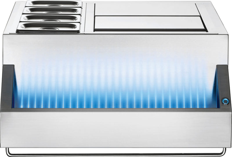 Load image into Gallery viewer, Napoleon Multifunctional Beverage Center 25-Inch with LED bar trough, stainless steel build, and garnish containers
