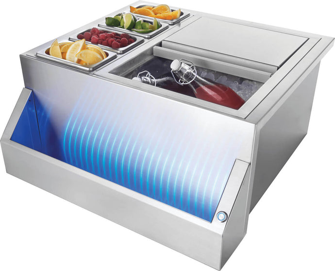 Napoleon Multifunctional Beverage Center 25-Inch with LED bar trough, stainless steel build, and garnish containers