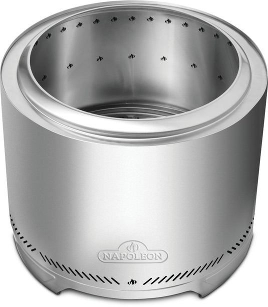 Top view of Napoleon Timberwolf 22-inch stainless steel smokeless fire pit showing its interior ventilation holes