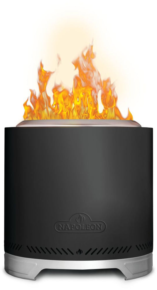 Front view of Napoleon Timberwolf 18-inch matte black smokeless fire pit with natural wood flames