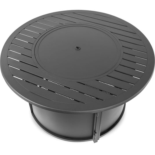 Napoleon NWO44TI-BK 44-inch round fire pit table surround with removable center lid installed to create a continuous tabletop