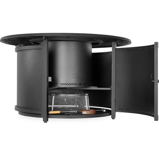 Napoleon NWO44TI-BK fire pit table surround with access door open, showing the black Timberwolf fire pit and lower mesh storage shelf