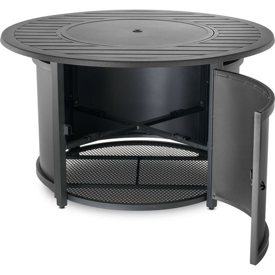 Napoleon NWO44TI-BK round fire pit table surround with center tabletop lid installed and curved side access door open
