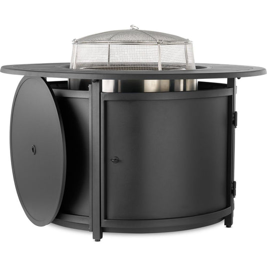 Side view of Napoleon NWO44TI-BK round fire pit table surround showing the removable center lid stored on the side