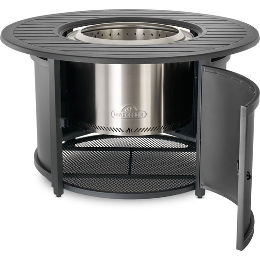 Napoleon NWO44TI-BK round fire pit table surround with curved access door open and stainless steel fire pit visible inside