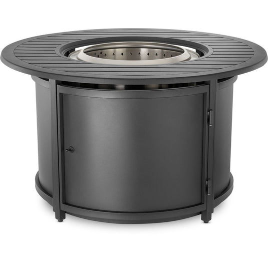 Front view of Napoleon NWO44TI-BK black round fire pit table surround with stainless steel Timberwolf fire pit installed