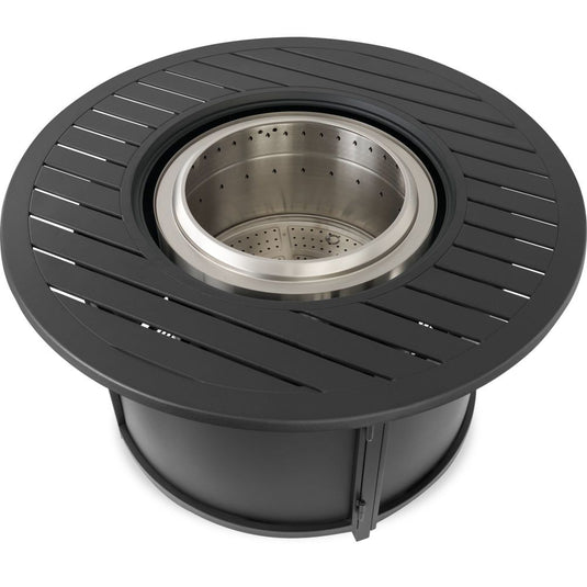 Overhead angled view of Napoleon NWO44TI-BK black round fire pit table surround showing the empty stainless steel fire pit