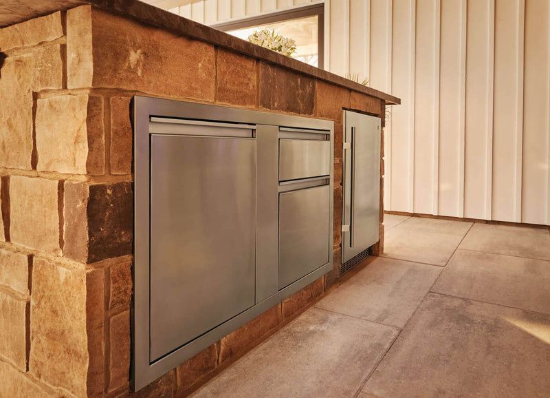 Load image into Gallery viewer, Napoleon Outdoor Rated Stainless Steel Fridge for OASIS Modular Outdoor Kitchens with LED lighting and temperature control
