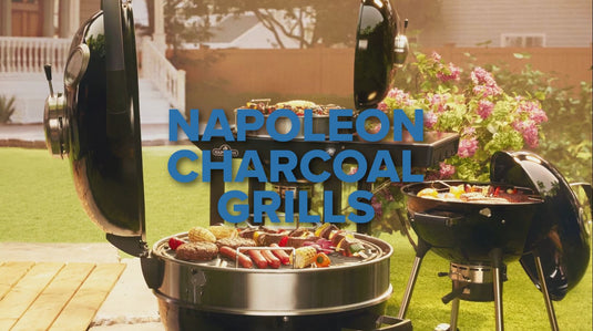 Napoleon Premium 22-Inch Charcoal Kettle Grill with porcelain-enameled lid, Vortex heat system, and chrome-plated cooking grid