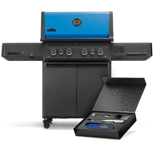 Napoleon Prestige 500 50th Anniversary grill with Heritage Blue lid and commemorative gift set