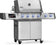 Load image into Gallery viewer, Angled view of Napoleon Prestige PRO 500 stainless steel grill with lid closed and blue illuminated knobs
