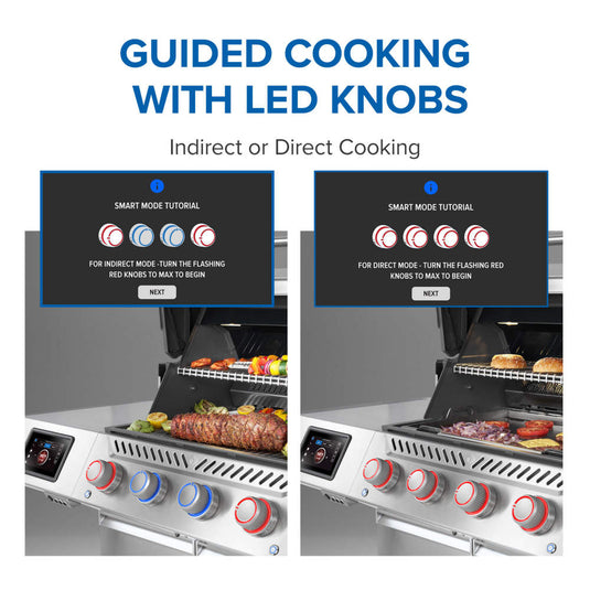 Napoleon Prestige PRO 500 infographic comparing LED knob guidance for direct and indirect cooking