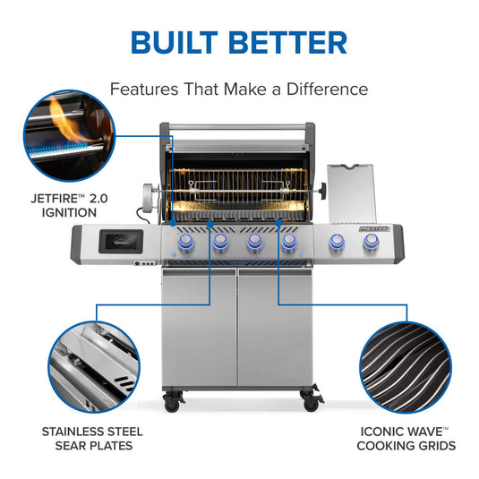 Napoleon Prestige PRO 500 infographic highlighting JETFIRE 2.0 ignition, stainless steel sear plates and WAVE grids