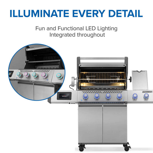 Napoleon Prestige PRO 500 infographic showing illuminated controls and interior hood lighting
