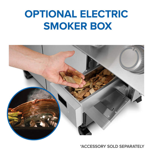 Napoleon Prestige PRO 500 optional electric smoker box infographic showing wood chips; accessory sold separately