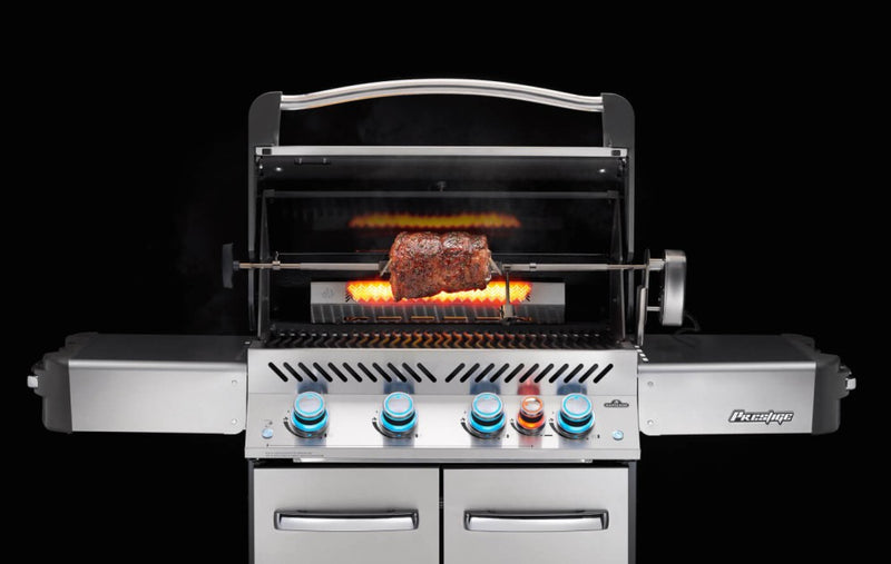 Load image into Gallery viewer, Napoleon Commercial Grade Rotisserie Kit for Prestige PRO 500 and LEX 485 Series BBQ Grills with stainless steel spit rod, heavy-duty motor, and four-prong forks
