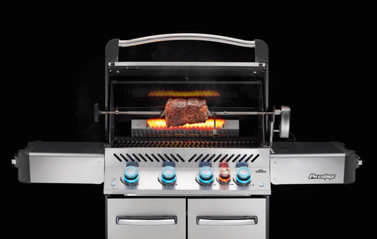 Napoleon Commercial Grade Rotisserie Kit for Prestige PRO 500 and LEX 485 Series BBQ Grills with stainless steel spit rod, heavy-duty motor, and four-prong forks