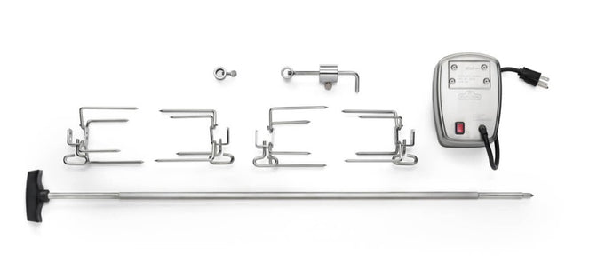 Napoleon Commercial Grade Rotisserie Kit for Prestige PRO 500 and LEX 485 Series BBQ Grills with stainless steel spit rod, heavy-duty motor, and four-prong forks