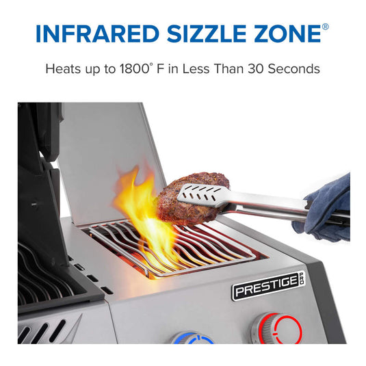 Napoleon Prestige PRO 500 SIZZLE ZONE infographic showing steak searing and a stated 1800°F heat-up in under 30 seconds