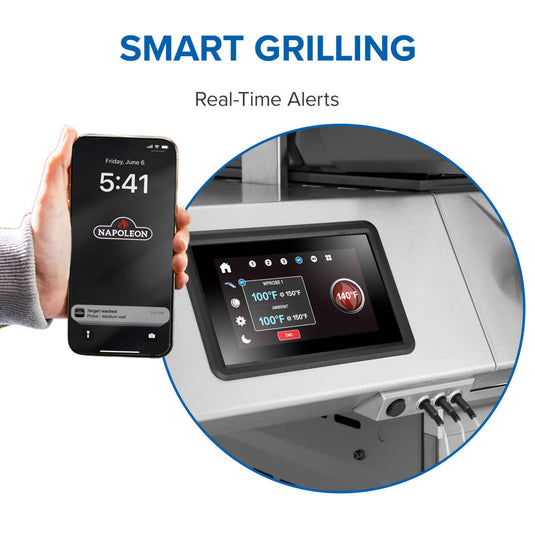 Napoleon Prestige PRO 500 infographic showing a phone temperature alert, LCD screen and connected probes