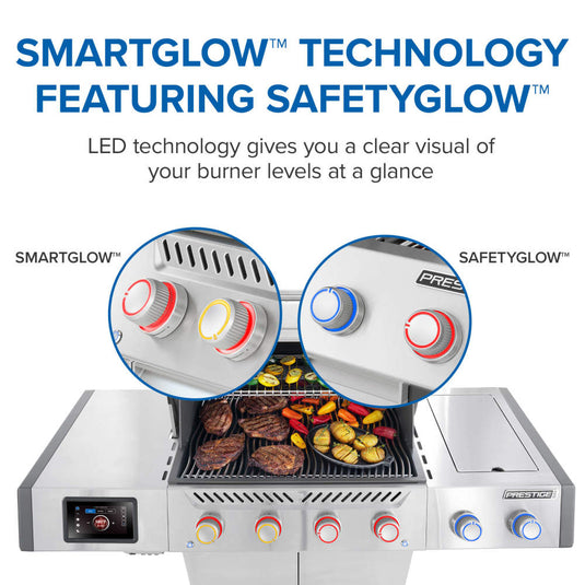 Napoleon Prestige PRO 500 infographic comparing SmartGlow heat-level lighting and SafetyGlow burner indicators