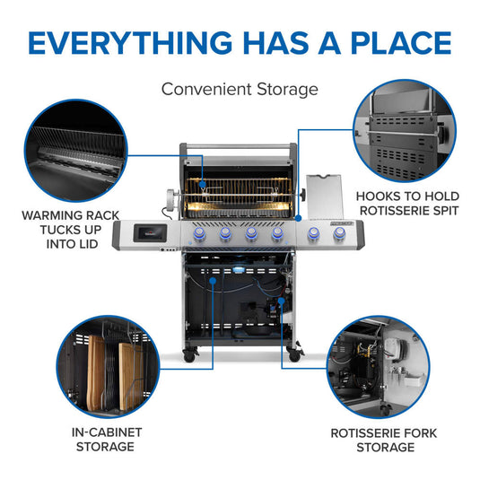 Napoleon Prestige PRO 500 infographic showing warming rack, rotisserie and cabinet storage locations