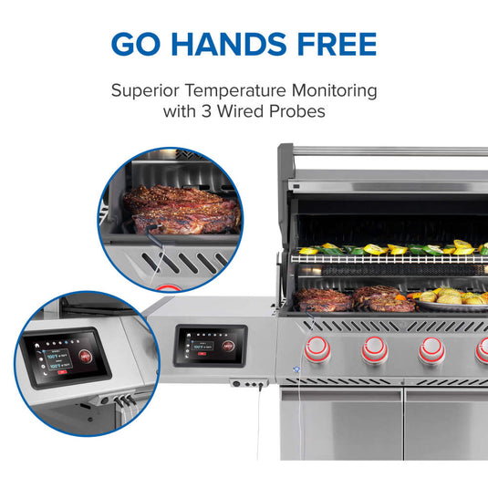 Napoleon Prestige PRO 500 infographic showing three wired probe connections and food temperature monitoring