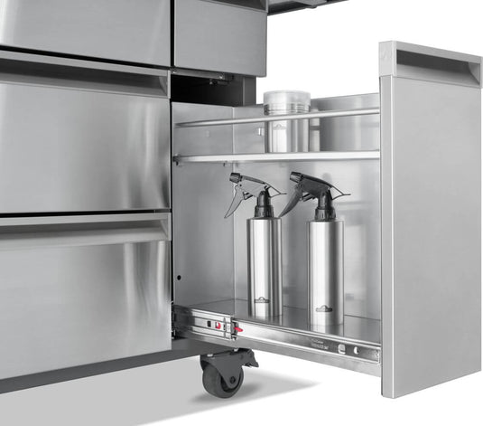 Napoleon Prestige PRO 665 Elite pull-out condiment storage compartment with spray bottles and accessories