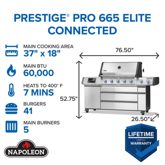 Napoleon Prestige PRO 665 Elite grill dimensions showing 76.5-inch width, 52.75-inch height, and 26.5-inch depth