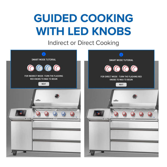 Napoleon Prestige PRO 665 Elite guided cooking display with LED burner knob instructions for direct and indirect grilling