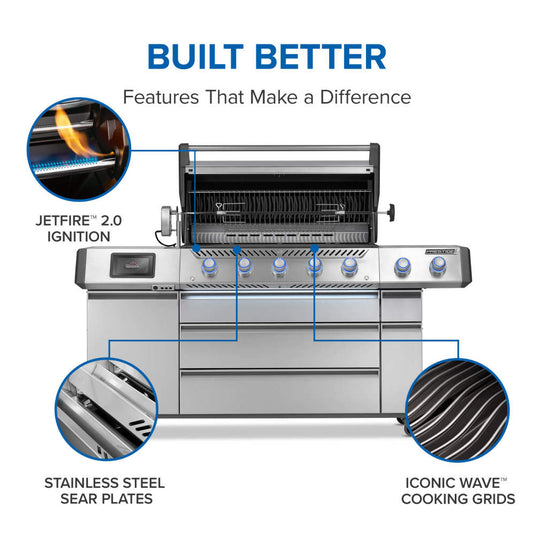 Napoleon Prestige PRO 665 Elite JETFIRE 2.0 ignition, stainless steel sear plates, and WAVE cooking grids