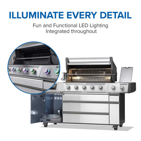 Napoleon Prestige PRO 665 Elite integrated LED lighting illuminating the cooking area, controls, and storage
