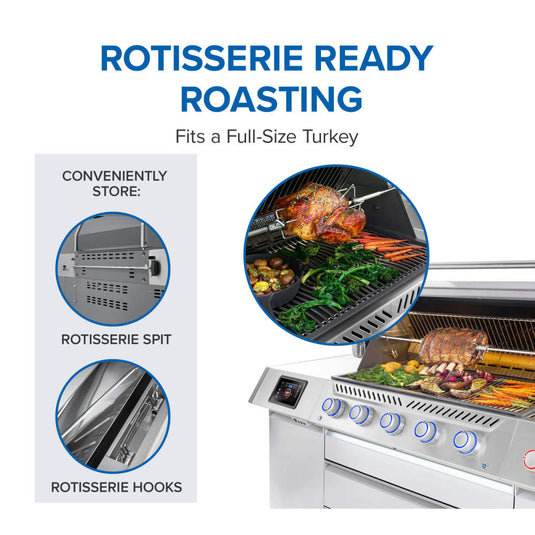 Napoleon Prestige PRO 665 Elite infrared rotisserie cooking system roasting meat with integrated spit storage