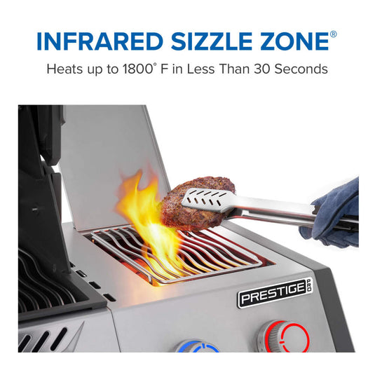 Napoleon Prestige PRO 665 Elite infrared SIZZLE ZONE side burner searing a steak at high heat