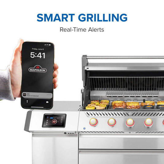 Napoleon Prestige PRO 665 Elite connected grilling system displaying real-time flame alerts on a smartphone